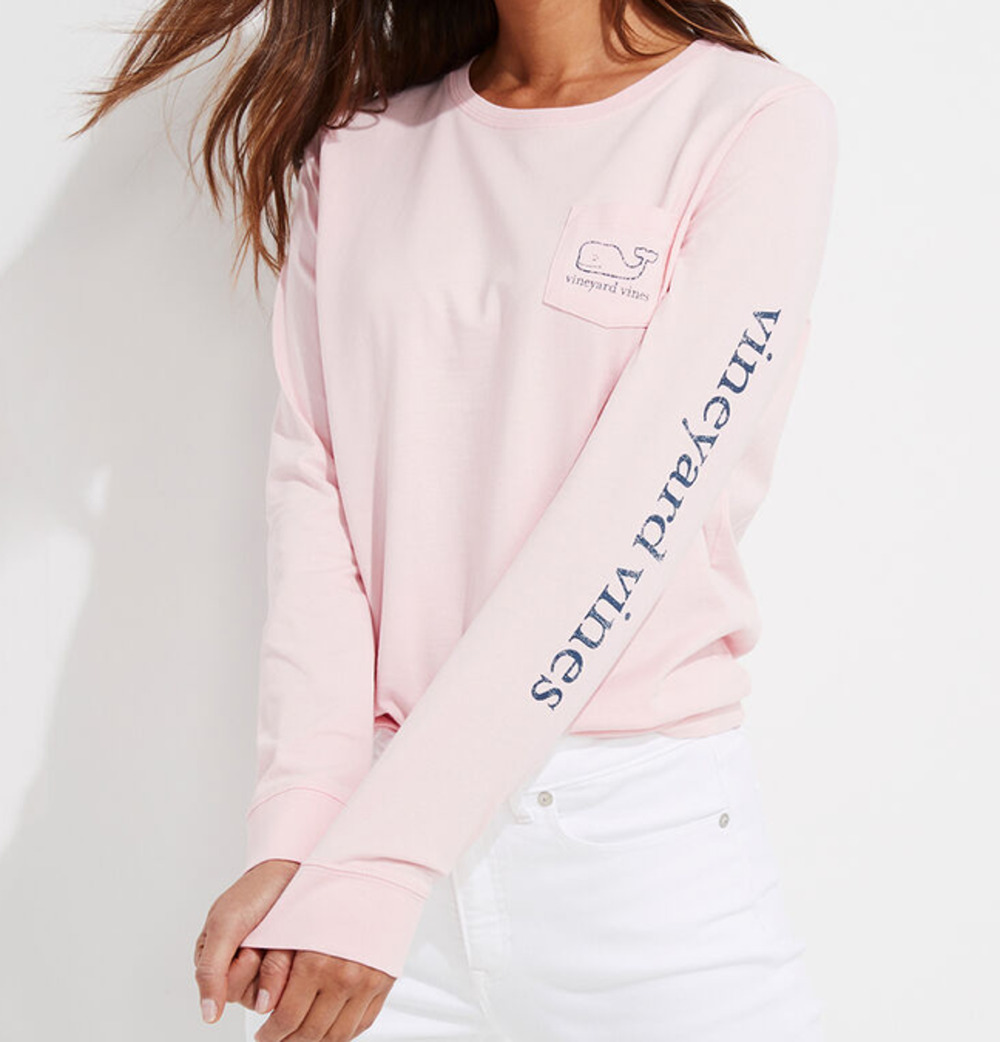 Vineyard Vines Pink Long Sleeve Tee Size S Patch pocket at front, whale at back.